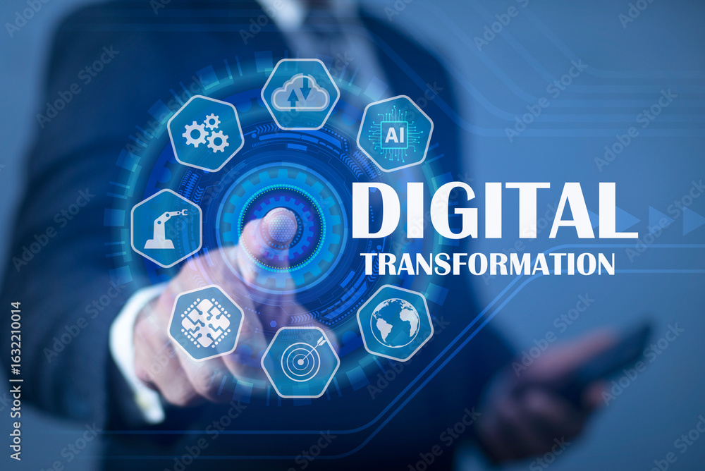 Poster businessman touching digital transformation conceptual for next generation technology era. process a
