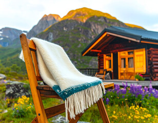 Warm White Blanket on Wooden Chair near Mountain Cabin