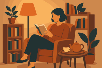 Cozy reading nook with a woman enjoying a book in warm indoor lighting and surrounded by plants