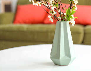 White Blossoms in a Geometric Green Vase on a Coffee Table