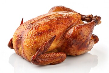Golden brown roasted chicken isolated on white background