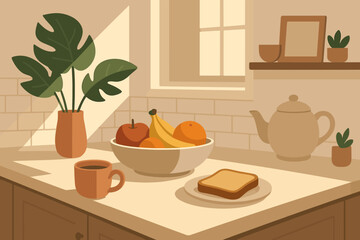 Cozy kitchen with fresh fruits, bread, and coffee on the table during morning light