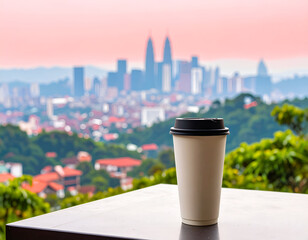 White Paper Coffee Cup on Table with City Skyline at Sunrise