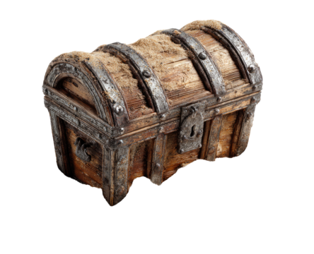 Antique wooden chest, weathered and aged.  Iron bands encircle the box, accented by rusted metal details.  A simple lock secures the top