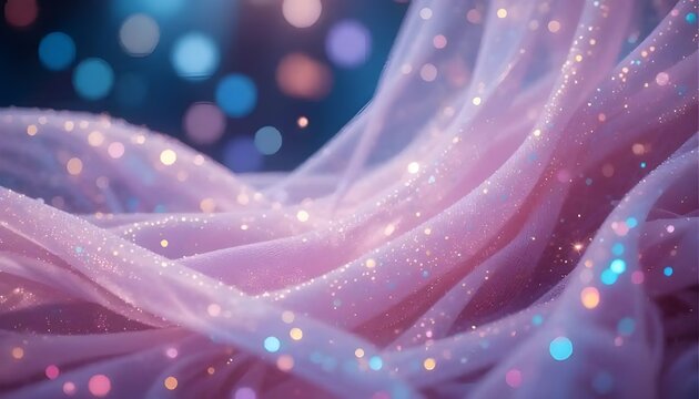 Magical pink soft tulle fabric embedded with glitter being spread gently, sparkling highlights, colorful bokeh lighting, fantasy inspired.