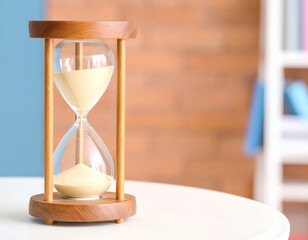 Wooden Hourglass on White Table Against Blurred Background