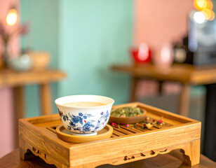 Wooden Tray with Blue and White Tea Cup and Loose Leaf Tea