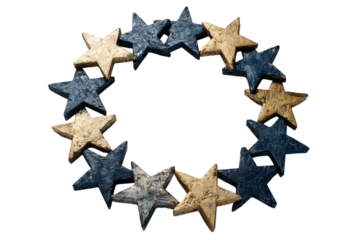 Blue and gold star wreath on black background