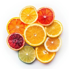 Assorted citrus slices arranged in a cluster against a white background.  Slices of oranges, blood oranges, grapefruits, and limes.  Bright, vibrant colors.  Fresh, healthy, and visually appealing