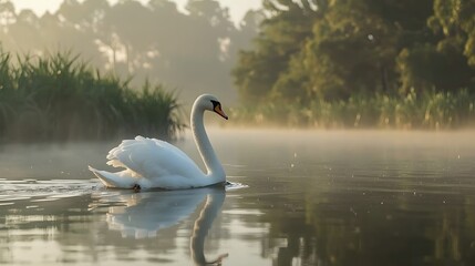Fototapeta premium Peaceful Swan on Misty Morning Lake