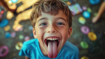 A cheerful young boy making a funny face with his tongue out during a party, highlighting the joy and celebratory atmosphere.
