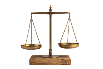 Brass balance scales on wooden base, justice concept