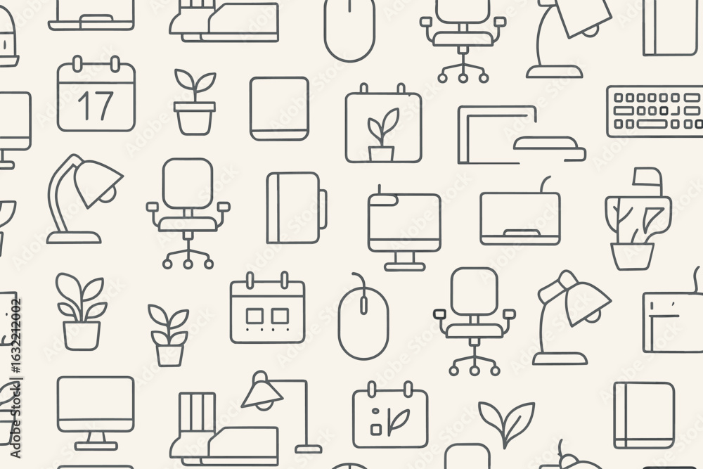 Poster stylish workspace pattern featuring various office elements in a minimalist design for modern work e
