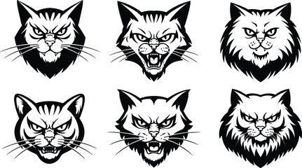 Aggressive black and white cat head illustrations, fierce feline tattoo design, intense expressions, gothic animal art, graphic styled vector portrait