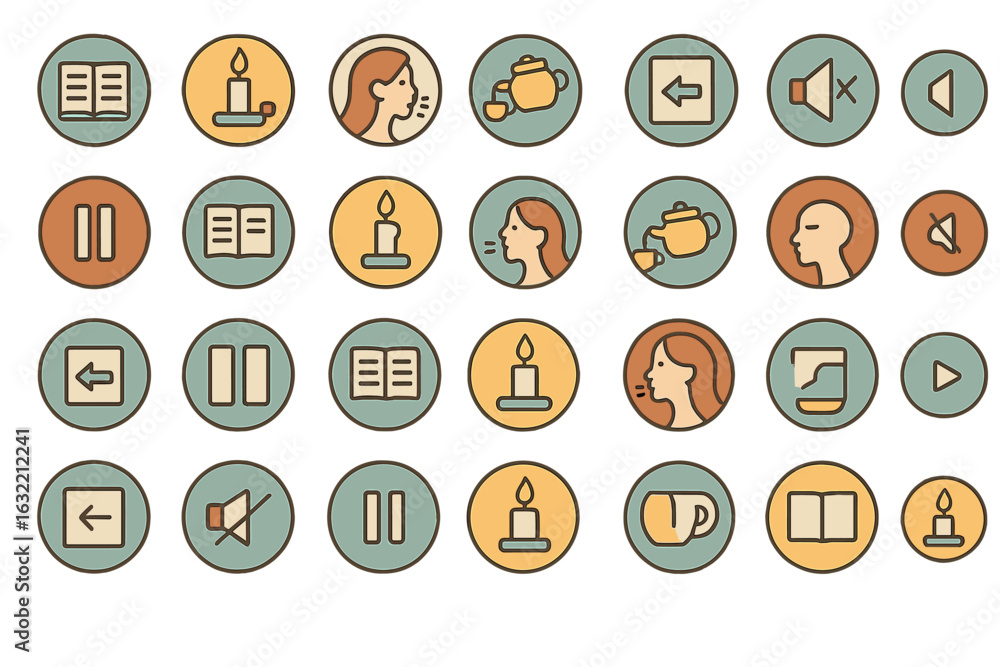 Poster collection of simple icons illustrating various actions and concepts related to books, sound, and re