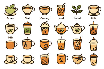 Variety of teas and beverages displayed in a colorful, illustrated format perfect for beverage enthusiasts