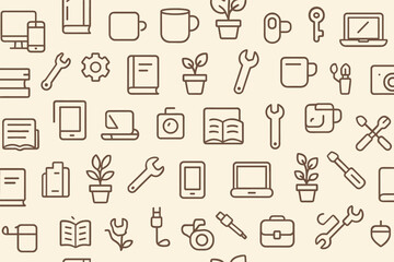 Collection of simple line icons showcasing tools, plants, and electronic devices arranged in a neat grid pattern