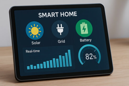 Smart home energy management system showing solar power, grid, battery status, and real time energy usage with 82 percent battery charge on digital display