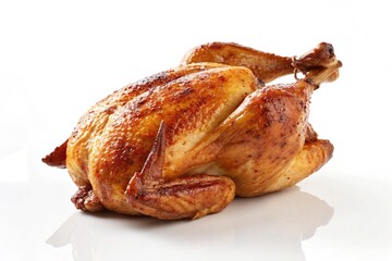Whole roasted chicken isolated on white background