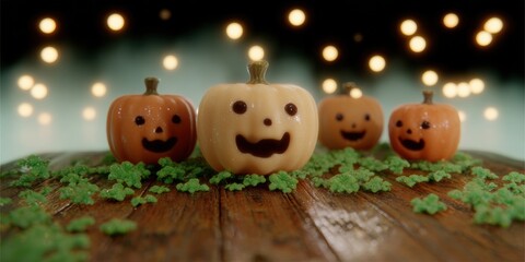 Fototapeta premium Cute orange and white toy pumpkins with smiling faces on a wooden surface with green sugar sprinkles and blurred lights