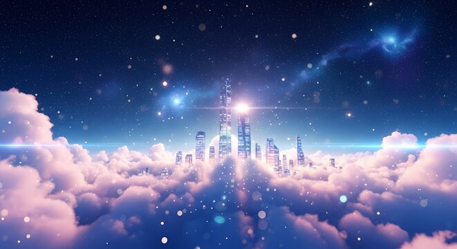 Cityscape in Clouds Digital Illustration Night Sky