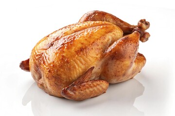 Whole roasted chicken isolated on white background