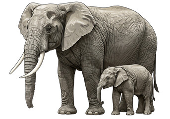 Fototapeta premium Detailed illustration of an adult elephant and a baby elephant, isolated on white or transparent background. PNG, for wildlife, nature, and family themes