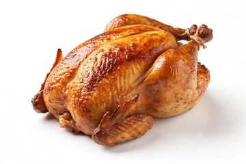 Golden roasted whole chicken isolated on white background