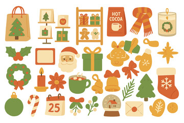Festive collection of holiday-themed illustrations featuring gifts, decorations, and seasonal symbols for winter celebrations