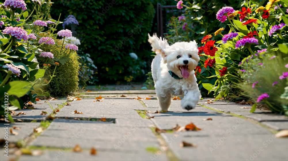 Poster a joyful video of a fluffy white dog running through a garden, capturing its playful spirit. shot fr