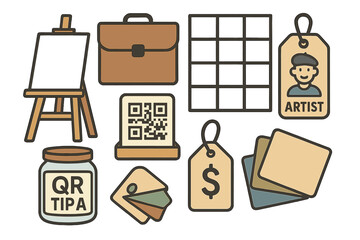 Creative tools and symbols representing an artist's workspace in a contemporary design layout