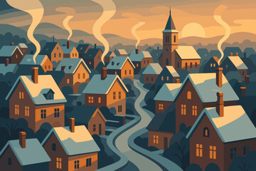 Fototapeta premium Snow-covered village during sunset with smoke rising from chimneys and a church steeple in the background