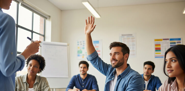 A young man enthusiastically raises his hand to participate in a classroom or a professional training session. The photo captures a lively and interactive learning environment with a diverse group.