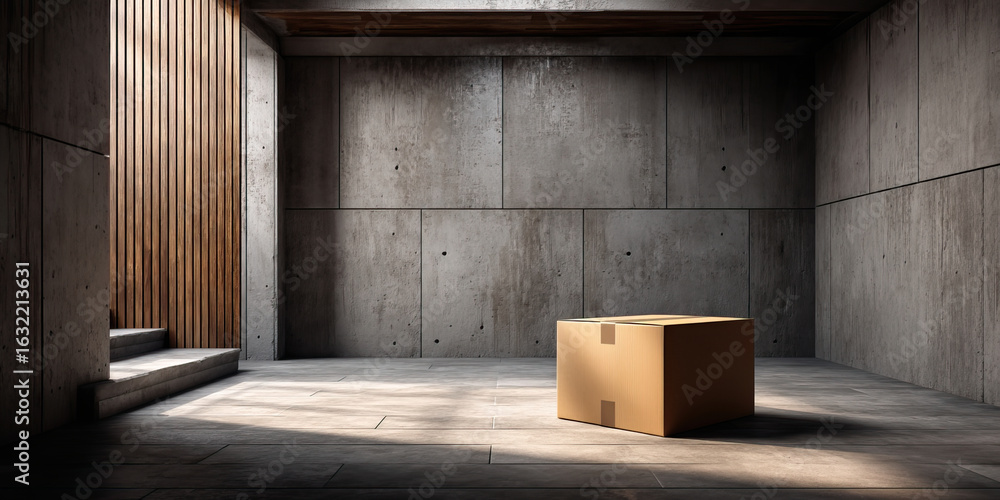 Poster minimal room with concrete walls and wooden paneling features single cardboard box on floor illumina