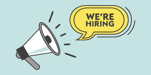 "We're Hiring" Megaphone Vector Illustration. Job Vacancy and Recruitment Announcement Graphic. A Modern Flat Design Banner for HR, Corporate Communication, and Advertising Projects. Hiring.