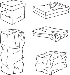 A vector illustration of a set of six damaged cardboard boxes in a black and white line art style. The boxes appear crumpled, dented, and worn. Ideal for projects related to shipping, moving.