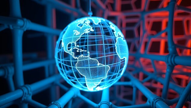 Global Network: Futuristic Blue and Red Illuminated 3D Render of a Wireframe Earth Suspended Within a Complex Structure.