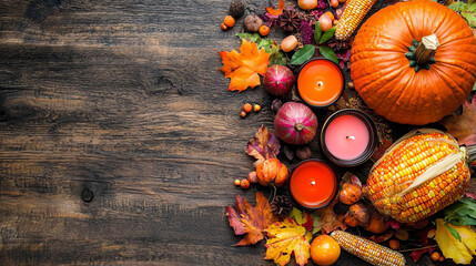 A vibrant autumn arrangement of pumpkins, apples, and candles on a rustic wooden surface, perfect for seasonal decorations.