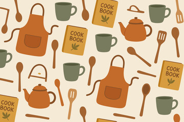 Kitchen utensils and cookbooks create a cozy cooking atmosphere in a warm, inviting space for culinary exploration