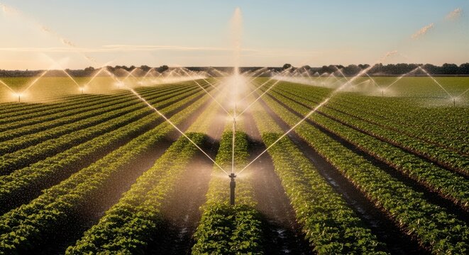Lush Farm Irrigation, Water Sprinklers on Crops