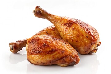 Two golden brown roasted chicken legs isolated on white background