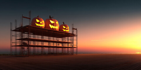 Spooky carved pumpkins with glowing faces sit on metal scaffolding structure at sunset near wooden boardwalk, creating eerie and festive Halloween atmosphere