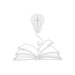 Continuous line open book and Brain in lightbulb  simple Education study and knowledge concept single line vector illustration