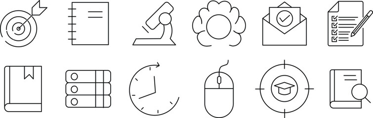Obraz premium Education line icon set. Containing Education, School, Learning. Vector illustration in modern thin line style of school icons: school subjects, supplies, science, and more icons. Editable stroke 