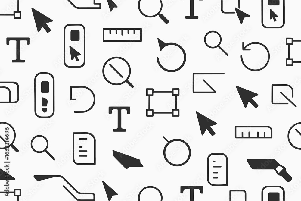 Poster variety of cursor and tool icons on a white background for graphic design and digital art applicatio