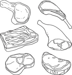 A black and white line art vector illustration of a variety of meat cuts. The set includes different types of steaks and chops with distinct textures. This graphic is perfect for projects.