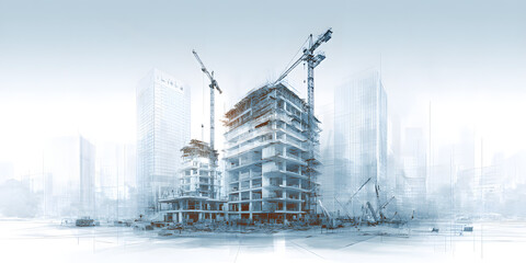 Dynamic urban skyline showcasing modern skyscraper construction with towering cranes and architectural blueprints