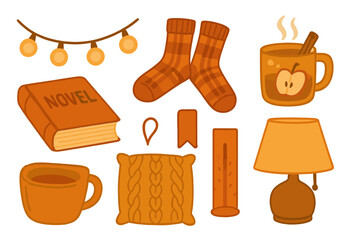 Cozy autumn illustrations featuring warm colors, a cup of cider, and comforting items