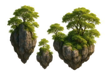 Three floating rocky islands with lush green trees growing on top, creating a surreal and tranquil landscape on transparent background.