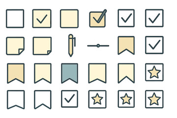 Collection of minimalist icons featuring checkmarks, bookmarks, and annotations in soft shades